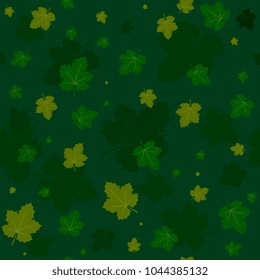 floral seamless pattern with green grape leaves on a dark green background. Vector. Designs for textiles, paper, fabrics, wallpaper.