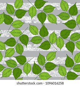 Floral seamless pattern with green leaves, gray background, stripes, grunge, vector illustration, hand drawn elements