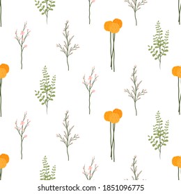 Floral seamless pattern with green leaves branch, cherry blossom, yellow dandelion. Textile ornament. Spring bloom flowers.
