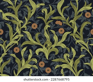 Floral seamless pattern with green leaves and orange flowers on dark background. Vector illustration.