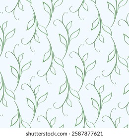 Floral seamless pattern. Green leaves silhouettes on gray background. Natural delicate colors vintage background. Young curved shoots with leaves.
