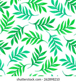 Floral seamless pattern with green leaves and branches on white background. Vectorized watercolor drawing.
