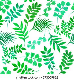Floral seamless pattern with green leaves and branches on white background. Vectorized watercolor drawing.