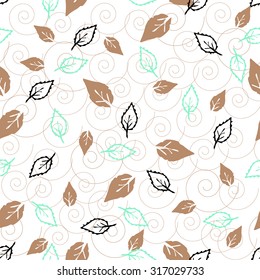Floral seamless pattern with green leaves and spiral. Pattern can be used for fabric, wallpaper or wrapping paper.