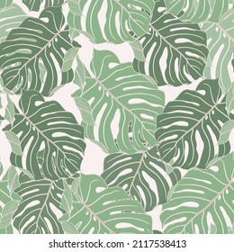 Floral seamless pattern, green line split-leaf Monstera plant background, line art ink drawing.