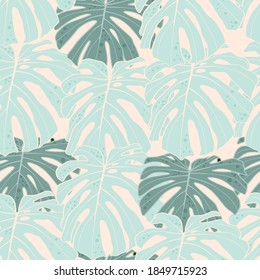 Floral seamless pattern, green, mint tropical monstera leaves on light background, vintage theme.