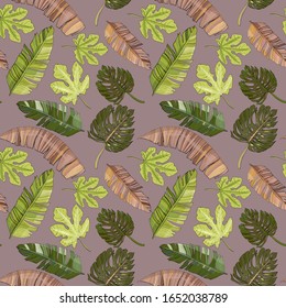 Blumennahtlose Muster, grüne, rosa und braune Palmenblätter, Monstera, Feigen, Banane. Für die Gestaltung von Tapeten, Stoff, Freizeitkleidung, Strandtextilien.
