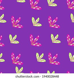 Patrón floral sin fisuras con formas de hojas de color verde y rosa adornadas. Fondo morado brillante. Perfecto para el diseño de tela, impresión textil, envoltura, cubierta. Ilustración vectorial.