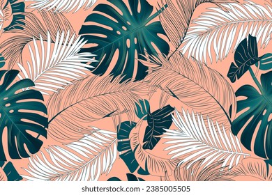 Floral seamless pattern, green, pink banana tree with palm trees on white background, pastel vintage theme. Vector illustration