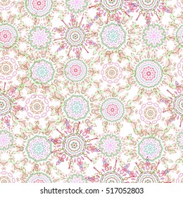 Floral seamless pattern. Green and pink ornament on a white background. Wallpaper baroque, damask. Seamless background.