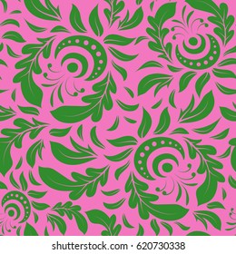 Floral seamless pattern. Green and pink ornament. Wallpaper baroque, damask. Seamless background.