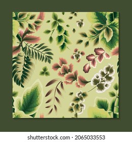 Floral sin costuras, hojas tropicales verdes, rojas y blancas con un fondo delicado, tema vintage. fondo floral. vector decorativo. textura de tela