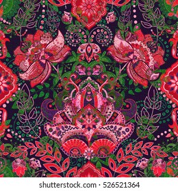Floral seamless pattern. Green and red background with decorative elements