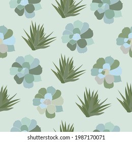 Floral seamless pattern with green succulent, flat