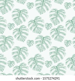 Floral Seamless Pattern, Green And White Split-leaf Philodendron Plant With Vines On White Background