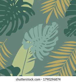 Floral seamless pattern, green and yellow split-leaf Philodendron plant with vines on green background, pastel theme