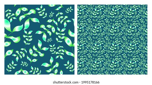 floral seamless pattern, green, yellow and white split-leaf on blue background, pastel vintage theme
