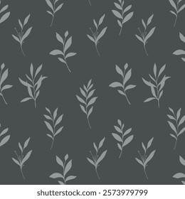 Floral seamless pattern. Greenery background.  Eco friendly background. Foliage, branches, leaves, plants hand drawn silhouette design. Elegant seamless background endless pattern minimalist style