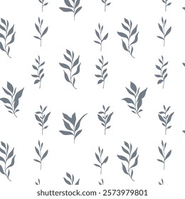 Floral seamless pattern. Greenery background.  Eco friendly background. Foliage, branches, leaves, plants hand drawn silhouette design. Elegant seamless background endless pattern minimalist style