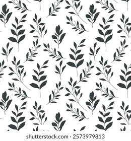 Floral seamless pattern. Greenery background.  Eco friendly background. Foliage, branches, leaves, plants hand drawn silhouette design. Elegant seamless background endless pattern minimalist style