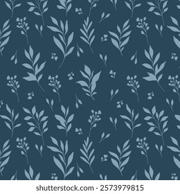 Floral seamless pattern. Greenery background.  Eco friendly background. Foliage, branches, leaves, plants hand drawn silhouette design. Elegant seamless background endless pattern minimalist style