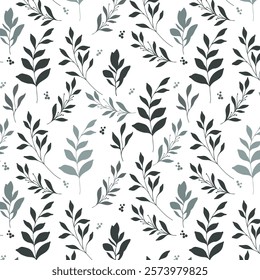 Floral seamless pattern. Greenery background.  Eco friendly background. Foliage, branches, leaves, plants hand drawn silhouette design. Elegant seamless background endless pattern minimalist style