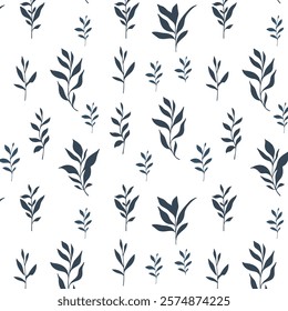 Floral seamless pattern. Greenery background.  Eco friendly background. Foliage, branches, leaves, plants hand drawn silhouette design. Elegant seamless background endless pattern minimalist style