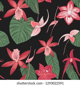 Floral seamless pattern with greenery leaves style on black background. Blooming orchid botanical texture
