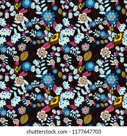 Floral seamless pattern. Greeting card. Abstract vector flowers in beige, black and blue colors. Abstract floral background. Wedding invitation.