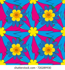 Floral seamless pattern. Greeting card. Vector abstract flowers. Yellow, blue and magenta spring flowers. Wedding invitation template. Floral wall art painting for home. Floral card.