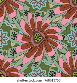 Floral seamless pattern. Greeting card. Blue, brown and pink spring flowers. Floral card. Vector abstract flowers. Wedding invitation template. Floral wall art painting for home.