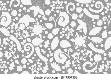 Floral seamless pattern. Grey indian decorative wallpaper. Pattern with paisley and stylized flowers. Design for wrapping paper, cover, fabric, textile, wallpaper, curtains.