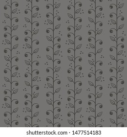 Floral seamless pattern with grey vertical branches, leaves and berries. Simple abstract floral design for fabric, wallpaper, textile, web design.