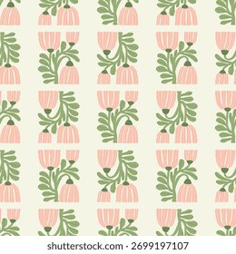 Floral Seamless Pattern. Groovy Abstract Folk Pink Flower on White Background. Organic Ornament in trendy naive retro 60s 70s. Contemporary Aesthetic hippie. Vector Illustration. Not AI
