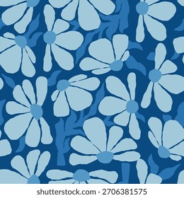Patrón floral sin fisuras. Flor Abstractas Groovy Manzanilla tono sobre tono azul inspirado en la textura de mezclilla en hippie retro naive de moda. Monocromo contemporáneo Folk Art. Ilustración vectorial. No es IA