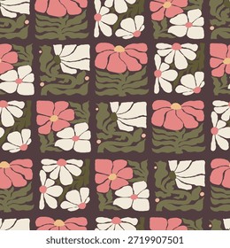 Patrón floral sin fisuras. Groovy Flower Folk. Ornamento de plantas orgánicas sobre fondo marrón en hippie retro naive de moda años 60 años 70. Abstractas estética contemporánea. Ilustración vectorial. No es IA