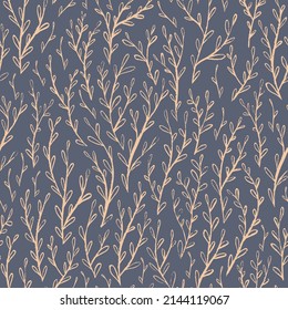Floral seamless pattern with grunge hand drawn branches on gray background. Vector illustration.
