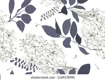 Floral seamless pattern. Gypsophila and leaves isolated on white background. Botanical pattern.