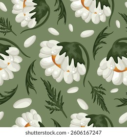floral seamless pattern with half-closed white daisies tilted to the side, green leaves and white petals on a green background, for patterns, textiles or holiday cards