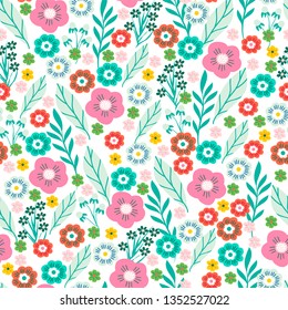 Floral Seamless Pattern, Hand Darwn Beautiful Flowers. Romantic Print Witj Tiny Colorful Flowers. White Background. Vector Illustration.