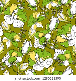 floral seamless pattern. hand drawing roses, peonies, mallow. Elegant vintage pattern,  boho spring wallpaper botanical background textile 