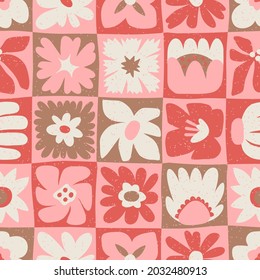 Floral seamless pattern with hand drawing wild flowers. Simple pink patchwork. Botanical design for fabrics, tile mosaic, scrapbooking. Vector illustration 