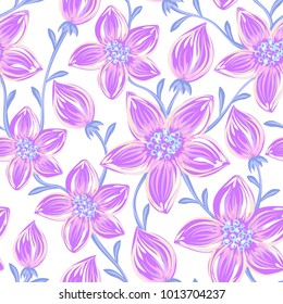 Floral seamless pattern. Hand drawn creative flowers. Artistic background with blossom. Abstract herb. It can be used for wallpaper, textiles, wrapping, card. Vector illustration, eps10