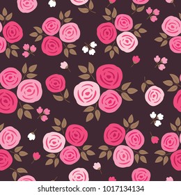 Floral seamless pattern with hand drawn pink flowers for textile, wallpapers, gift wrap and scrapbook. Dark background. Vector illustration.