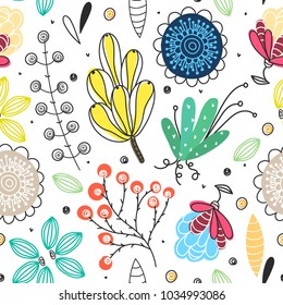 Floral seamless pattern. Hand drawn creative flowers. Colorful artistic background with blossom. Abstract herb. It can be used for wallpaper, textiles, wrapping, card. Vector illustration, eps10