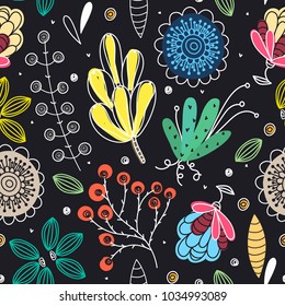 Floral seamless pattern. Hand drawn creative flowers. Colorful artistic background with blossom. Abstract herb. It can be used for wallpaper, textiles, wrapping, card. Vector illustration, eps10