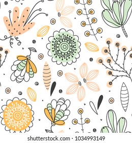 Floral seamless pattern. Hand drawn creative flowers. Colorful artistic background with blossom. Abstract herb. It can be used for wallpaper, textiles, wrapping, card. Vector illustration, eps10