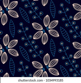Floral seamless pattern. Hand drawn creative flowers. Colorful artistic background with blossom. Abstract herb. It can be used for wallpaper, textiles, wrapping, card. Vector illustration, eps10