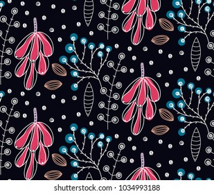 Floral seamless pattern. Hand drawn creative flowers. Colorful artistic background with blossom. Abstract herb. It can be used for wallpaper, textiles, wrapping, card. Vector illustration, eps10