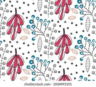 Floral seamless pattern. Hand drawn creative flowers. Colorful artistic background with blossom. Abstract herb. It can be used for wallpaper, textiles, wrapping, card. Vector illustration, eps10